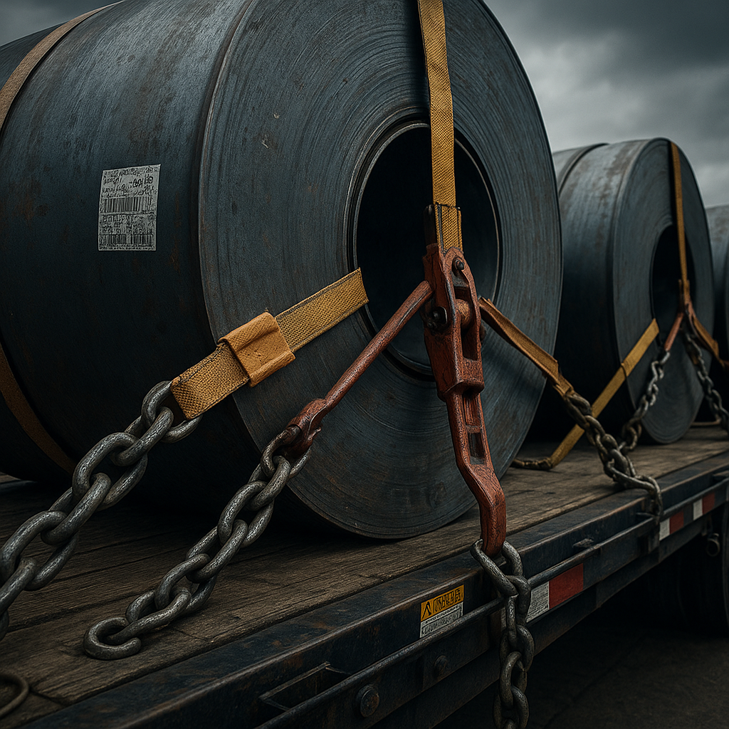 Steel coils secured on flatbed trailer